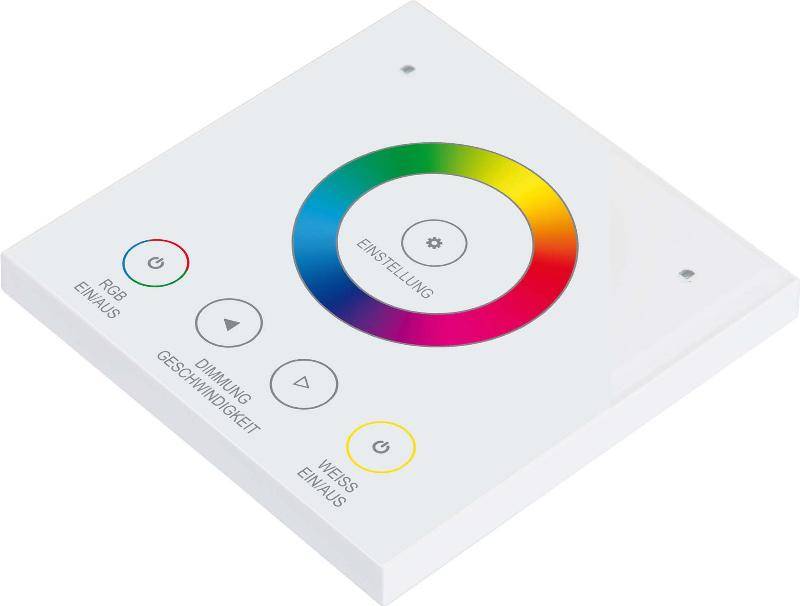 Ein rechteckiger Wandregler mit farbigem Rad für die Einstellung von Lichtfarben. Tasten für RGB, Dimmen, Ein/Aus und Weiß sind sichtbar.