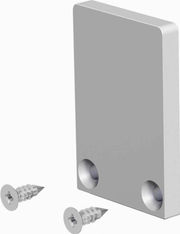 Eine rechteckige Metallplatte mit zwei Löchern, begleitet von zwei Schrauben, geeignet zur Montage oder Befestigung an einer Oberfläche.