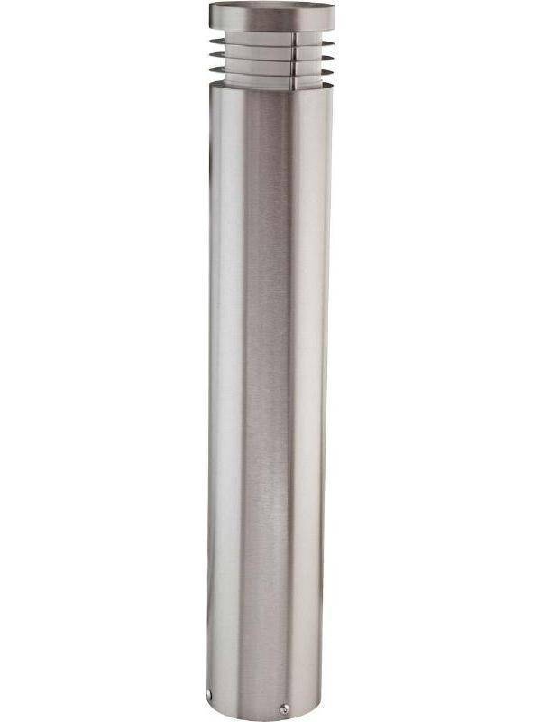 Silberne, zylindrische Außenleuchte aus Metall mit horizontalen Lüftungsschlitzen oben, zur Beleuchtung von Garten- oder Gehwegen.