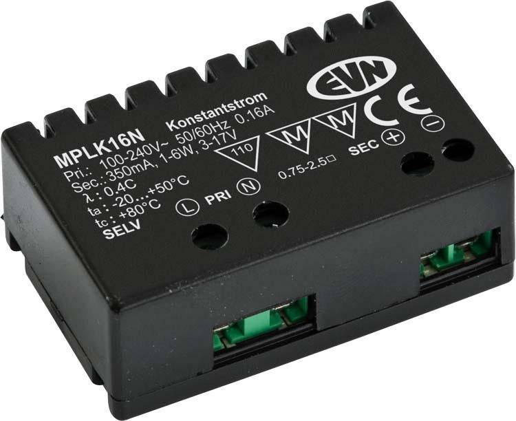 Schwarzer LED-Treiber MPLK16N mit technischen Spezifikationen: Eingang 100-240V, Ausgang 350mA, 16W, geeignet für Konstantstromanwendungen.