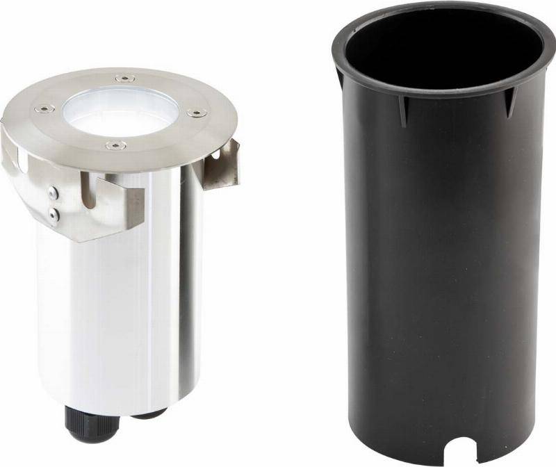 Einbaustrahler aus Metall neben einem schwarzen, zylindrischen Gehäuse.