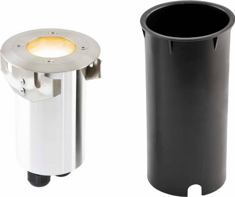 Eine runde Bodeneinbauleuchte aus Metall neben einem schwarzen Einbaugehäuse.