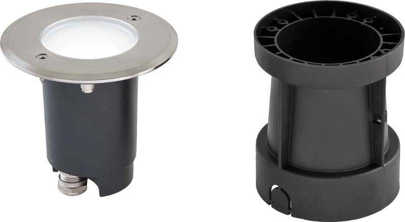 Ein schwarzer Einbaustrahler mit rundem Edelstahlrahmen links und ein Kunststoffgehäuse rechts zur Installation im Boden.
