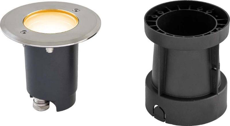 'Bodenleuchte' links: Runde Leuchte mit Edelstahlrahmen und warmem Licht. Rechts: Schwarzes Gehäuse zur Installation. Beleuchtung für Außenbereich.