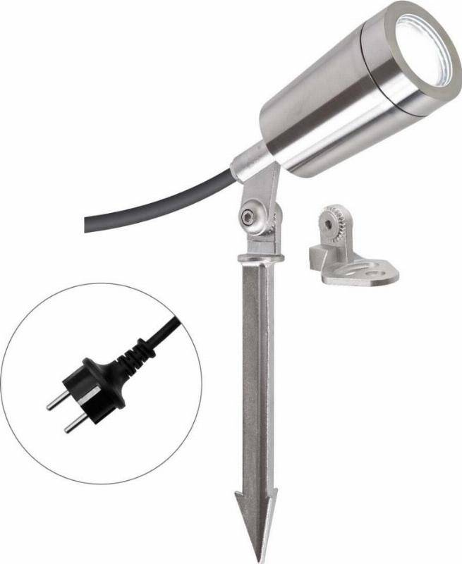 Spot-Licht aus Edelstahl mit Erdspieß und Stecker. Geeignet für Außenbereich. Zeigt flexibles Befestigungssystem und Stromanschluss.
