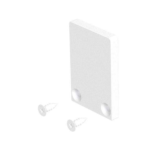 Weiße Rechteckplatte mit zwei vorgebohrten Löchern, begleitet von zwei Schrauben.