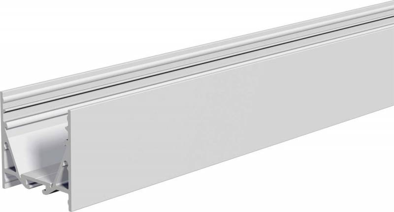 Aluminiumprofil seitlich geöffnet, zeigt Führungsschienen. Verwendet für die Befestigung von Materialien oder Strukturen.