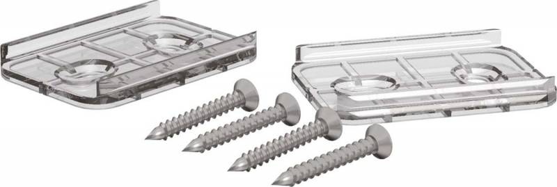 Zwei durchsichtige Kunststoffplatten mit je zwei runden Aussparungen, begleitet von vier silbernen Schrauben.