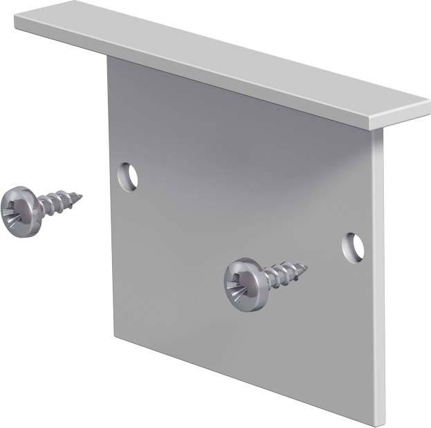 Metallwinkel mit zwei beigelegten Schrauben, geeignet zur Verbindung von Bauteilen im Möbelbau oder bei Konstruktionsprojekten.