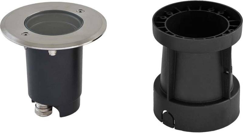 Bodeneinbaustrahler aus Edelstahl mit schwarzem Gehäuse, geeignet für den Außeneinsatz, zeigt Gehäuse und Tauchröhre separat.