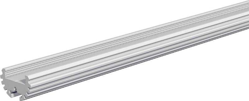 Aluminiumprofil, länglich, silberfarben, mit mehreren Rillen entlang der Oberfläche, rechteckiger Querschnitt. Verwendbar für Konstruktionen.