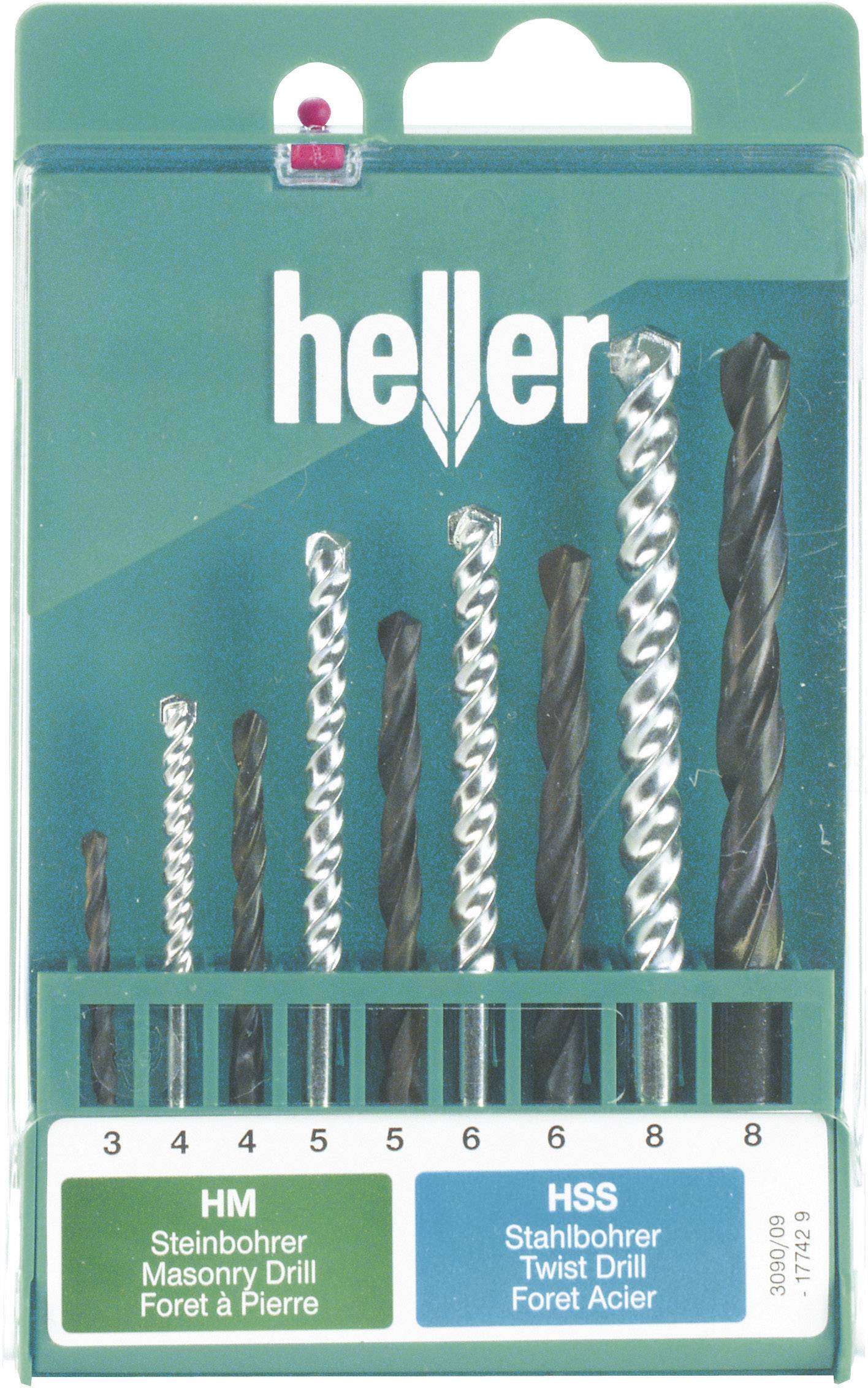 'Set von Heller Bohrern' in verschiedenen Größen, mit Steinbohrern (3-6 mm) und HSS-Bohrern (3-8 mm). Verpackung zeigt Markenlogo.