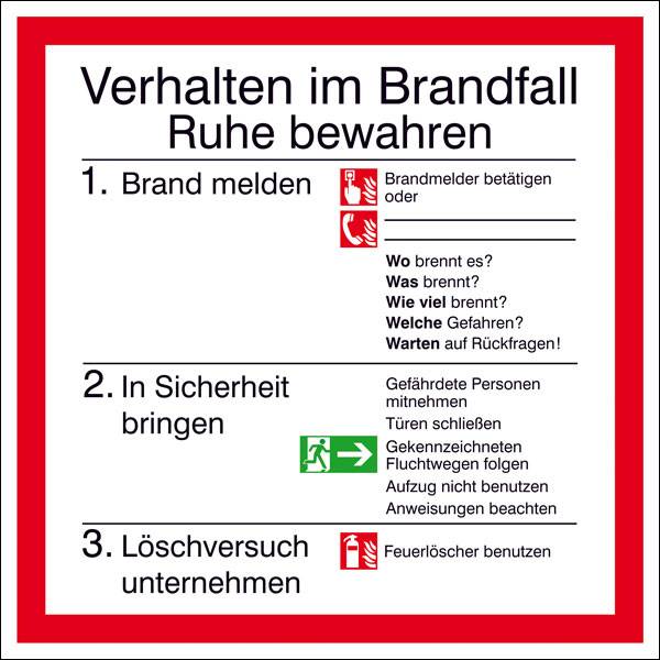 Aushang - Alu nachleuchtend, Verhalten im Brandfall, 20,0 x 20,0 cm