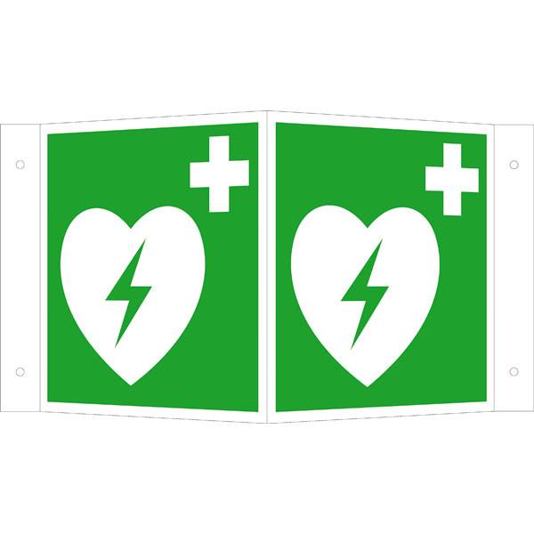 Erste Hilfe Winkelschild, Alu, langnachleuchtend, Defibrillator, 35,3 x 20,0 x 1