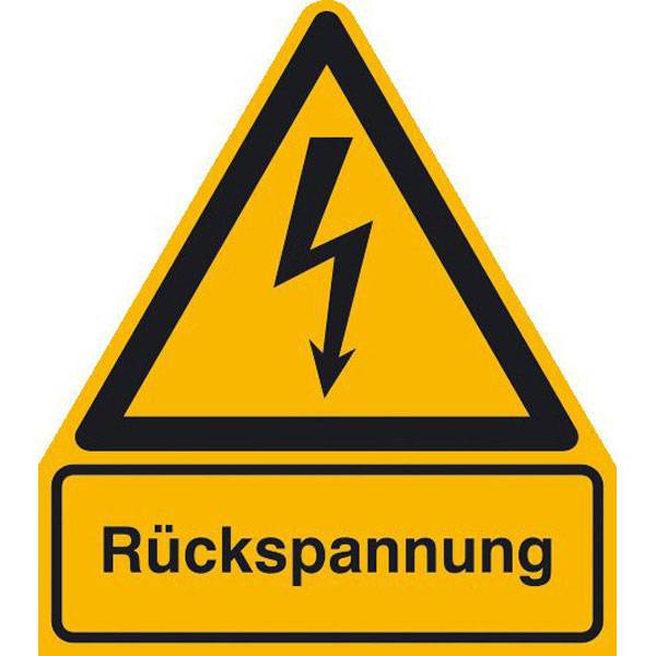Rückspannung Warnschild, selbstkl. Folie , Größe 21x24,50cm DIN EN ISO 7010 W012 + Zusatztext ASR A1.3 W012 + Zusatztext