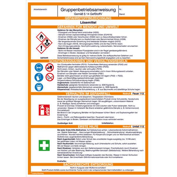 Gruppenbetriebsanweisung, L?semittel, Kunststoff, Gr?áe: 21,0 x 29,7 cm