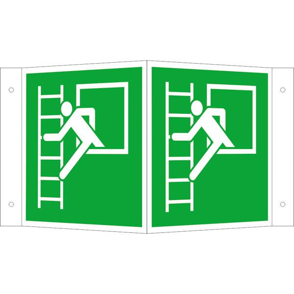 Winkelschild, Alu, langnachleuchtend, Notausstieg mit Fluchtleiter links, 15 x 15 cm