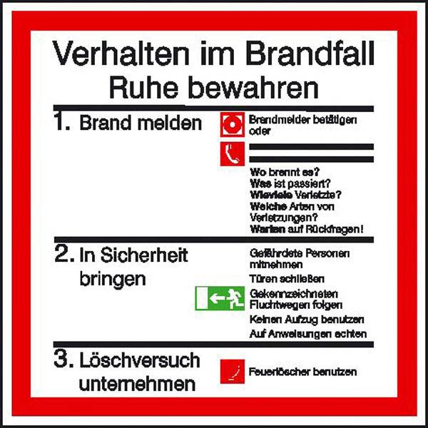 Aushang Verhalten im Brandfall, selbstklebende Folie, Größe 20x20 cm