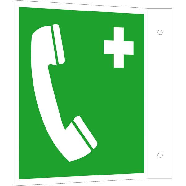 Erste Hilfe Fahnenschild, Alu, langnachleuchtend, Notruftelefon, 2,2 x15,0 x 15,