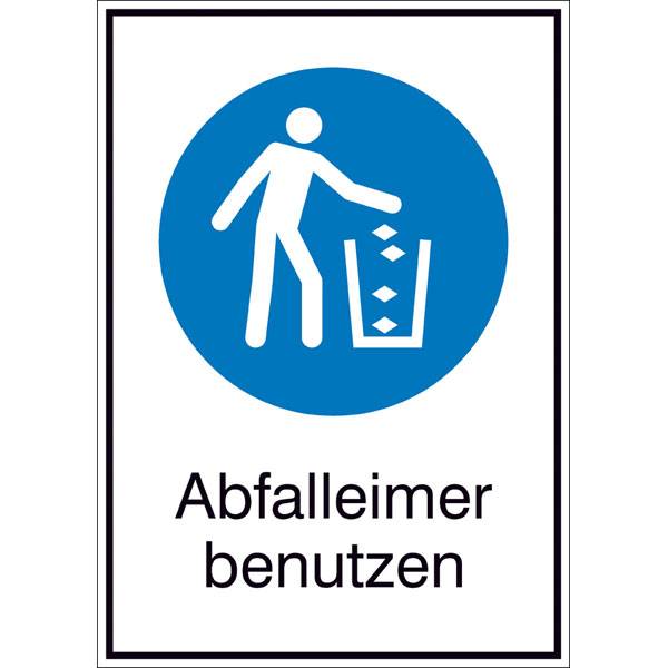 Gebots-Kombischild,Kunst.,Abfalleimer benutzen,21,0x29,7 cm DIN EN ISO 7010 M030 + Zusatztext