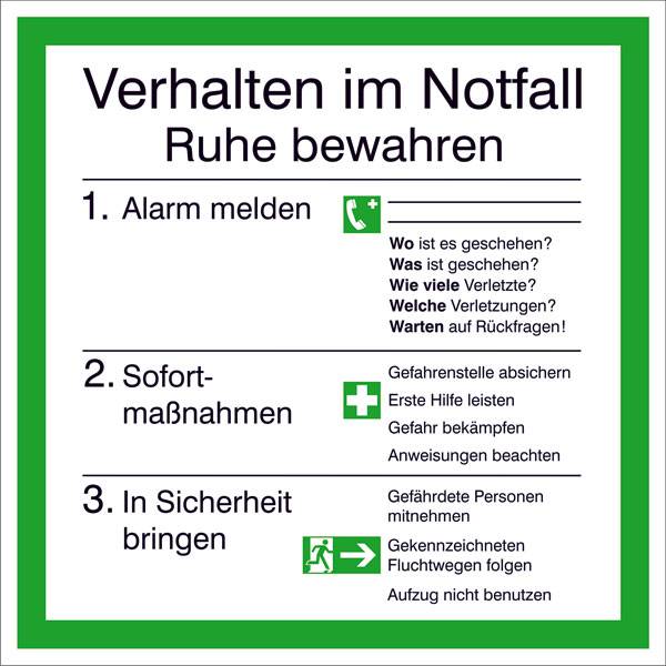 Aushang, Kunststoff, Verhalten im Notfall 20,0 x 20,0 cm