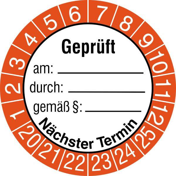 Prüfplaketten geprüft am: durch: gemäß:, selbstklebend, 3,0 cm Version: 26-31 - Geprüft am: durch gemäß 26-31