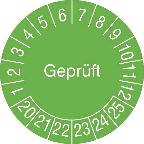 Prüfplaketten Geprüft, grün/weiß, 15 Stück/Bogen, selbstkleb., 3 cm Version: 19-24 - Prüfplakette Geprüft 19-24