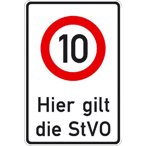 Hier gilt die StVO, Höchstgeschwindigkeit 10 km/h, 60x90 cm