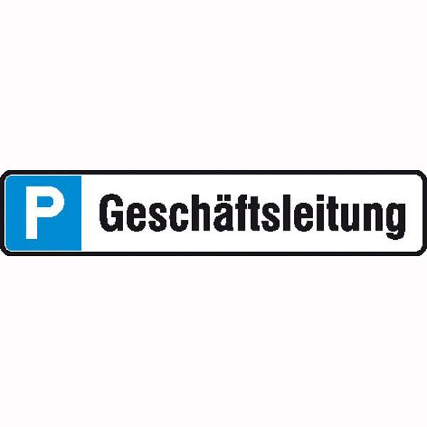 Parkplatzschild Symbol: P, Text: Geschäftsleitung, Alu geprägt, Größe 43x8 cm