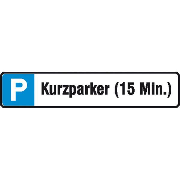 Parkplatzschild Kurzparker (15 min.), Alu geprägt, Größe 52x11 cm