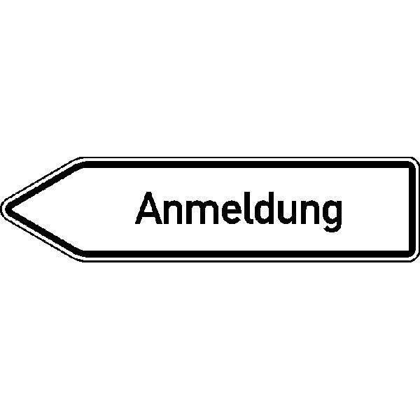 Innerbetrieblicher Wegweiser links Anmeldung, Alu refl., 140x35 cm