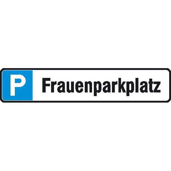 Parkplatzschild Symbol: P, Text: Frauenparkplatz, Alu geprägt, Größe 43x8 cm