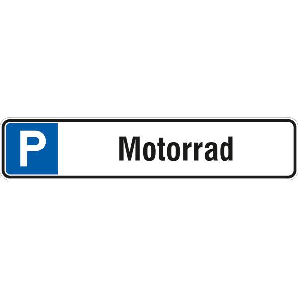 Parkplatzschild Symbol: P, Text: Motorrad, Alu geprägt, Größe 52 x 11 cm