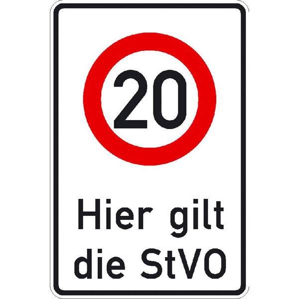 Hier gilt die StVO, Höchstgeschwindigkeit 20 km/h, 60x90 cm