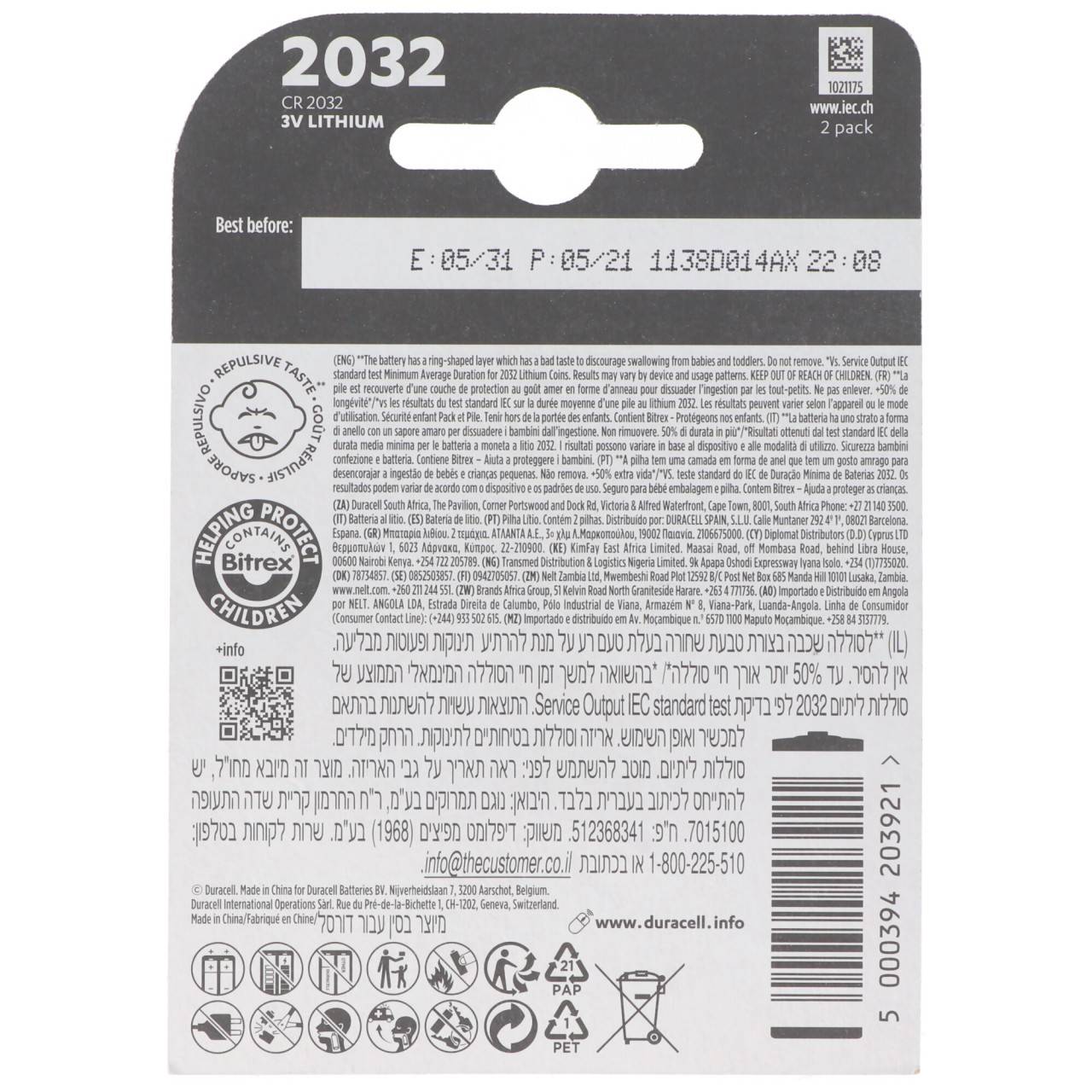 Duracell Knopfzelle Lithium CR2032 3V 2 St./Pack.