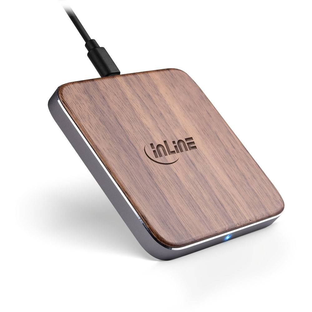 InLine® Qi woodcharge, wireless fast charger, Smartphone kabellos laden, 5/7,5/10W