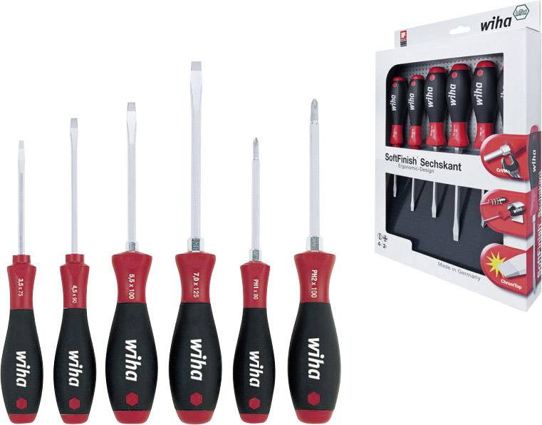 Sechsteiliges Schraubendreher-Set von Wiha mit ergonomischen Griffen. Verpackung zeigt Produktdetails und Anwendungshinweise.