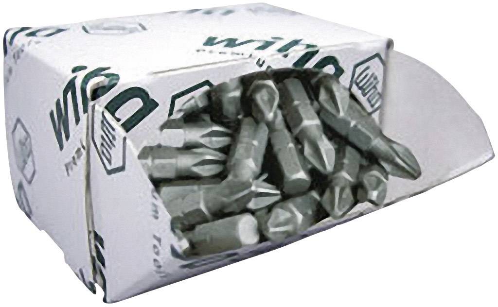 Eine geöffnete Box voller Schraubendreher-Bits, teilweise sichtbar, auf der Verpackung steht der Markenname 'Wiha'.