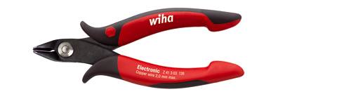 Rote und schwarze Wiha-Elektronik-Seitenschneider mit Schriftzug 'Electronic' und technischer Spezifikation.