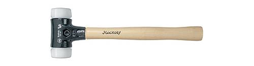 Ein Gummihammer mit dunkelgrauem Kopf und hellem Holzgriff. Der Kopf hat zwei weiße Gummienden. Markierung 'Hickory' auf dem Griff.