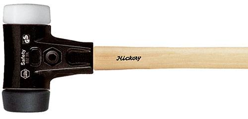 Gummihammer mit Holzgriff, beschriftet mit 'Hickory', schwarzer Kopf mit weißen Enden, geeignet für präzise, schonende Schläge.