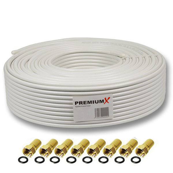 50 Meter Sat Koaxial Kabel 135 dB 5-fach geschirmt Kupfer-Stahl Innenleiter HDTV FULLHD 3D 8x F-Stecker Gratis