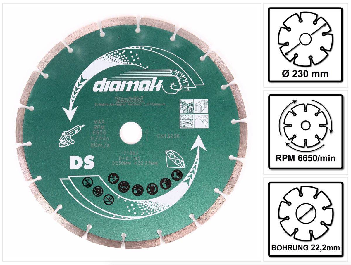 Makita Diamak 230 mm 1 Stk. ( D-61145 ) Diamant Trennscheibe für Stein, Beton Aufnahme 22,23 mm