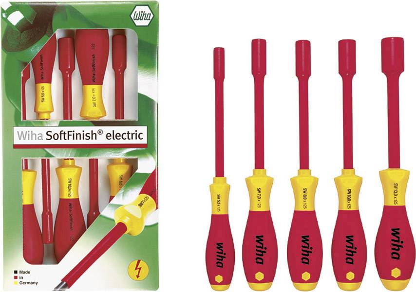 Set roter und gelber Schraubendreher, isoliert für Elektriker. Verpackung zeigt vier Schraubendreher und betont Sicherheit und Komfort.