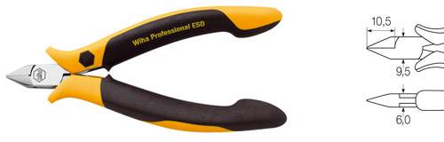 Gelb-schwarze Seitenschneiderzange mit Aufschrift 'Wiha Professional ESD', daneben technische Zeichnung mit Abmessungen: 10,5 cm Länge.