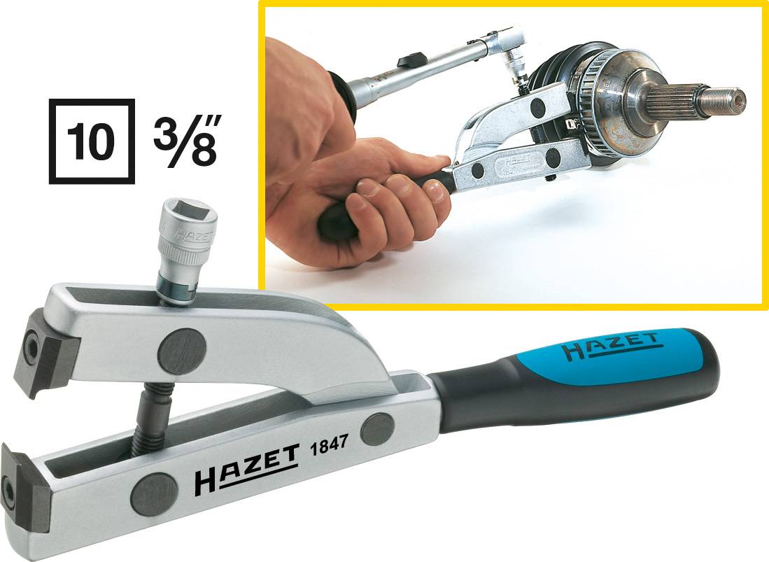 Zentraler Mechaniker verwendet Hazet-Werkzeug, um Gelenkwelle zu lösen. Nahaufnahme zeigt Handhabung und Werkzeugaufsatz, Größe 10, 3/8.