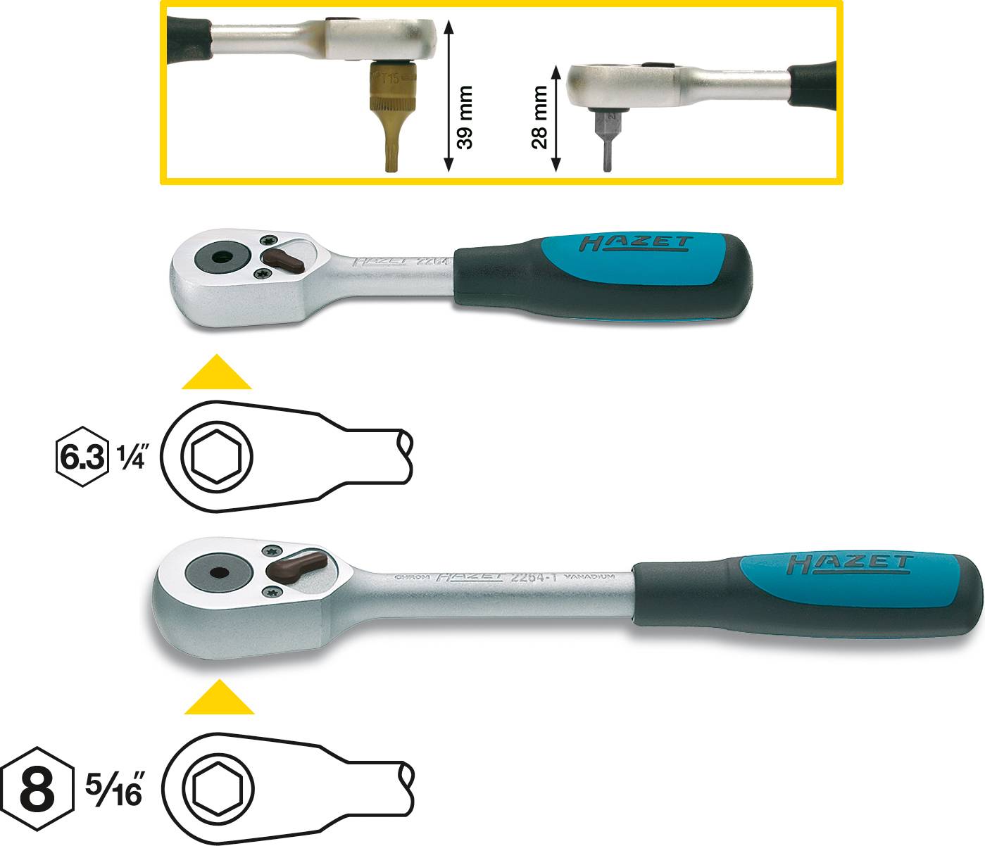 Zwei Hazet-Ratschenschlüssel, einer mit 6,3 mm (1/4 Zoll) und der andere mit 8 mm (5/16 Zoll) Antrieb. Oberansicht mit Maßen.