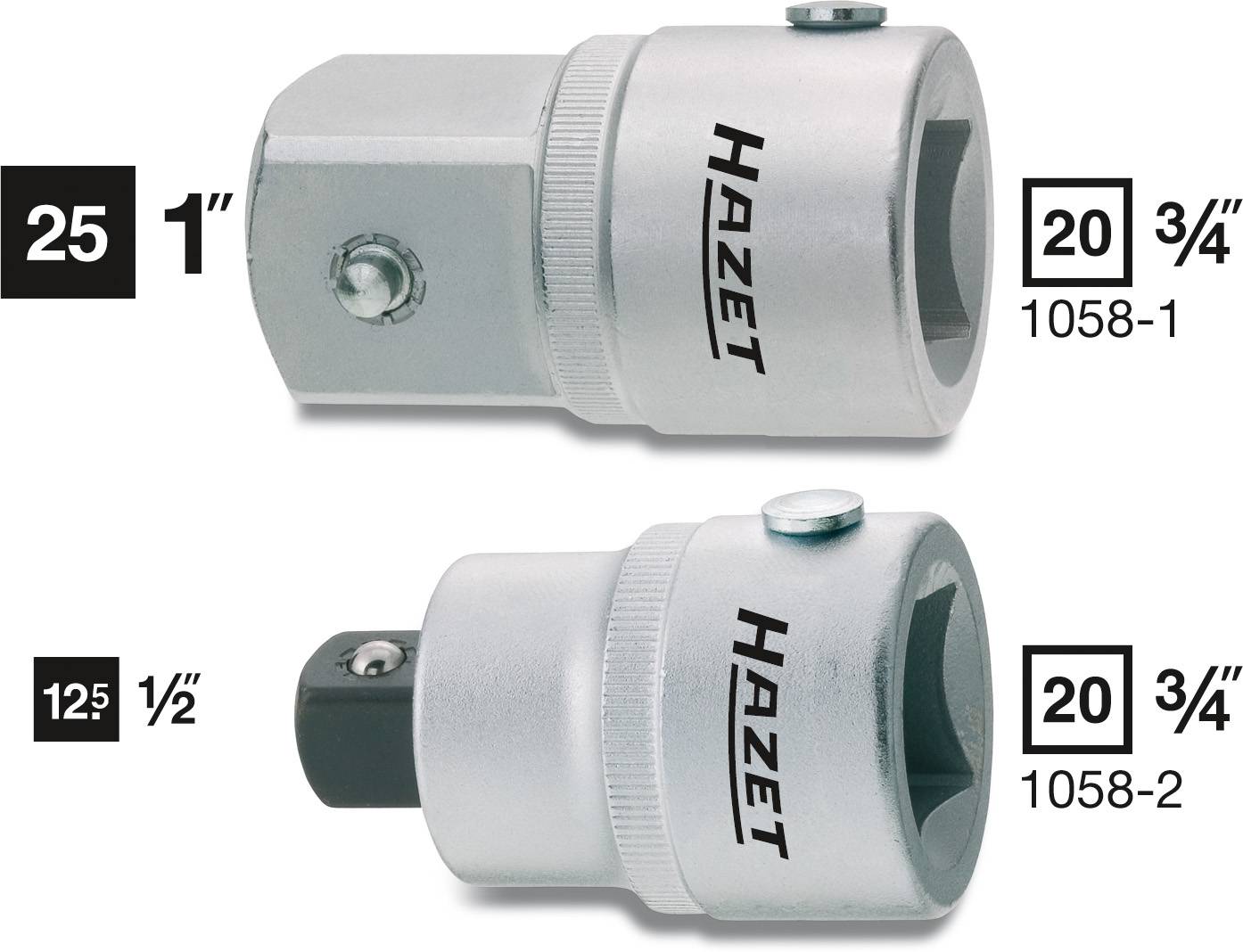 Zwei silberne Adapter von Hazet zur Verbindung von Werkzeugen mit 1-Zoll- und 1/2-Zoll-Anschlüssen. Modellspezifikationen anzeigen.