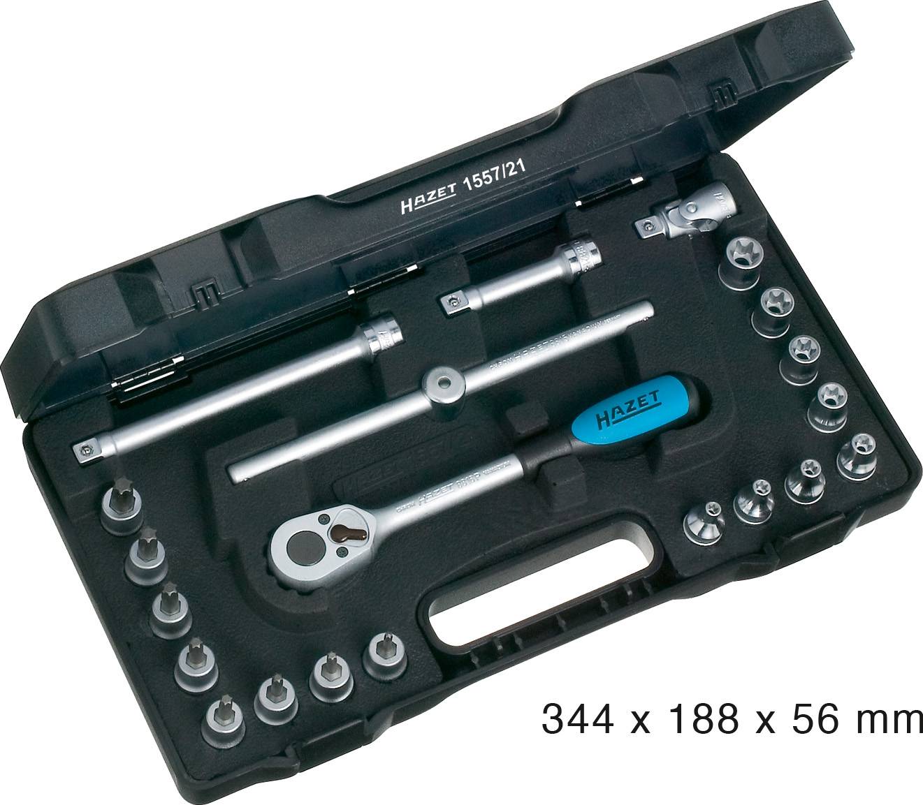 Werkzeugkasten mit Ratsche, Verlängerungen und Nüssen in verschiedenen Größen. Maße des Kastens: 344 x 188 x 56 mm.