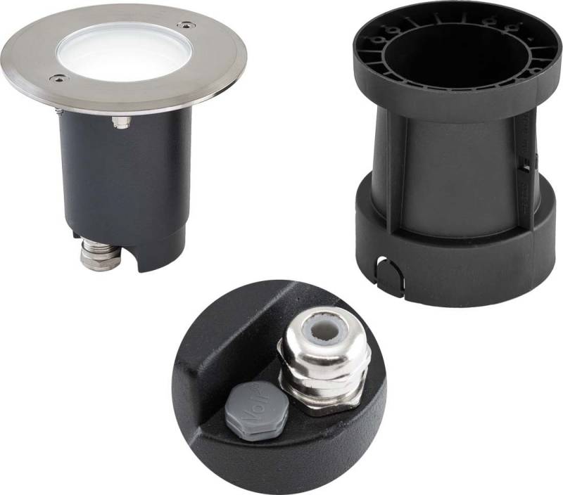 Einbauleuchte mit runder Abdeckung, getrennt von einer Halterung und einem Kabelanschluss, geeignet für Außenbeleuchtung.